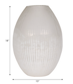 Decorative white vase with ribbed design on a white background indicating dimensions of 18" high and 13" wide. 