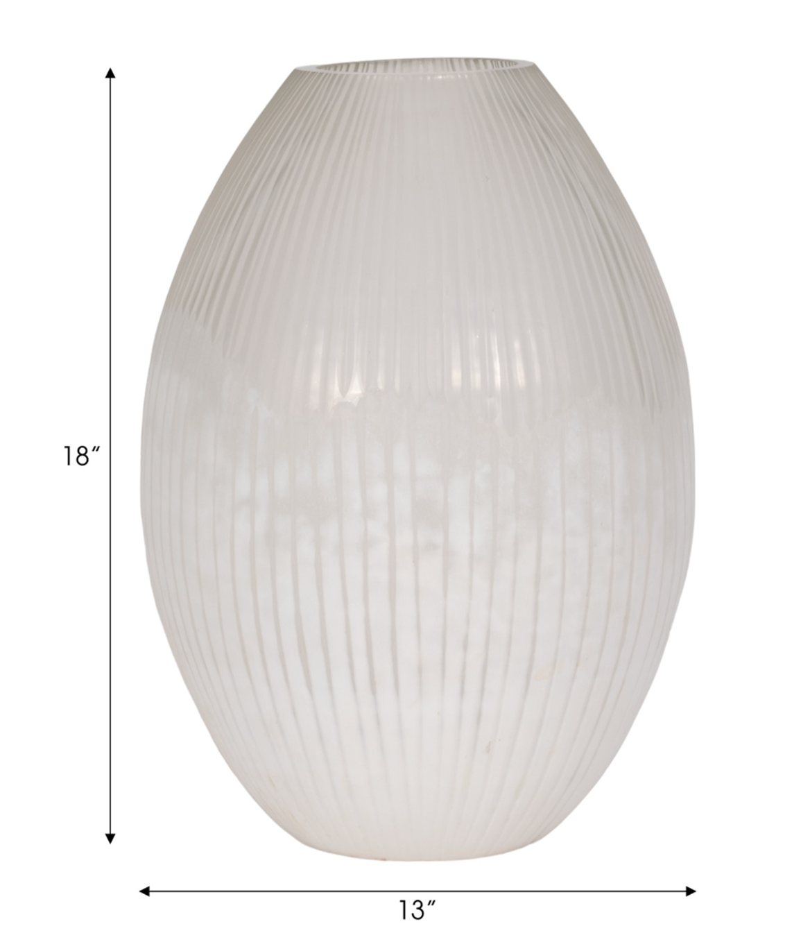 Decorative white vase with ribbed design on a white background indicating dimensions of 18" high and 13" wide. 