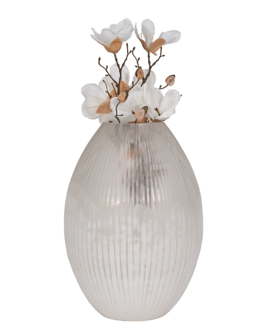 Decorative vase with ribbed design and white flowers on a white background
