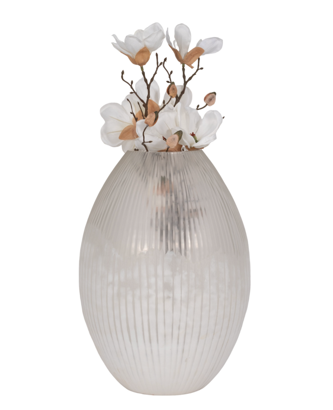 Decorative vase with ribbed design and white flowers on a white background