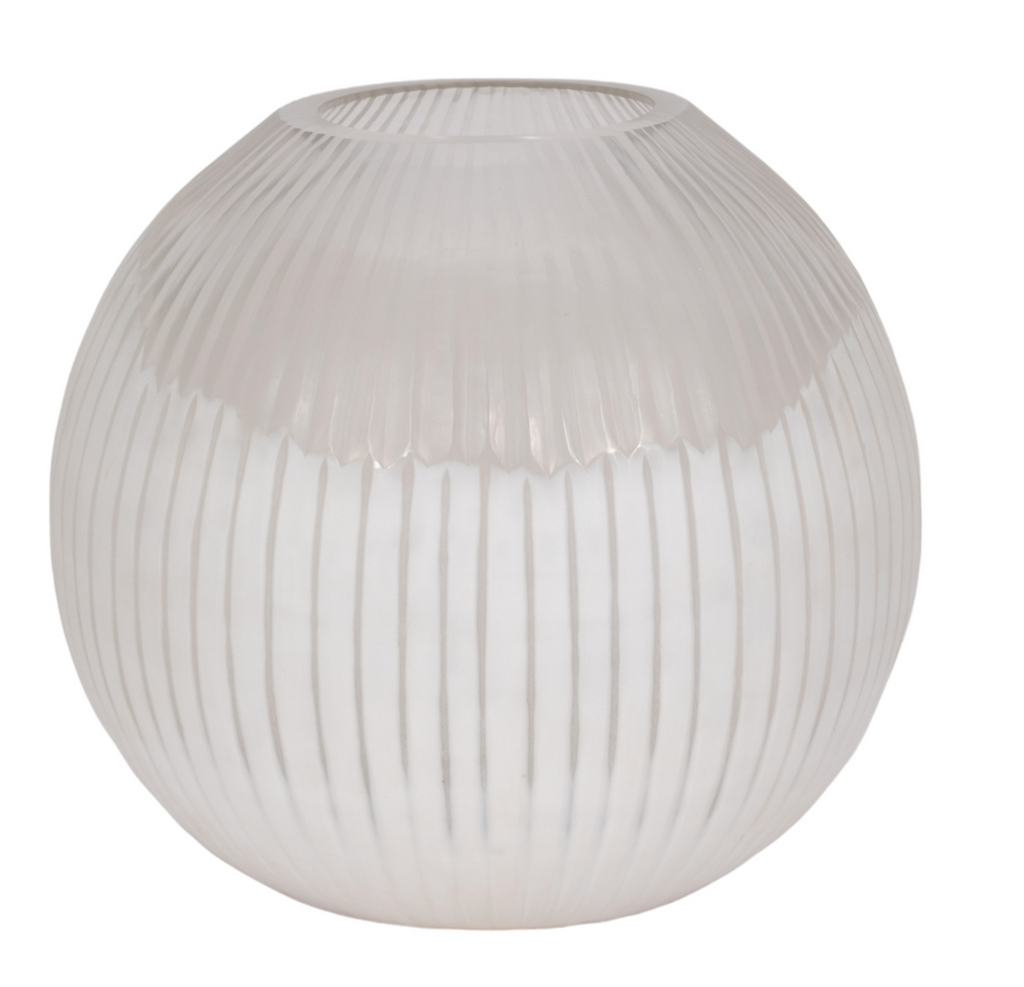 White ribbed spherical vase on a white background