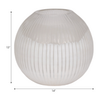 White ribbed spherical vase with measurements on a white background