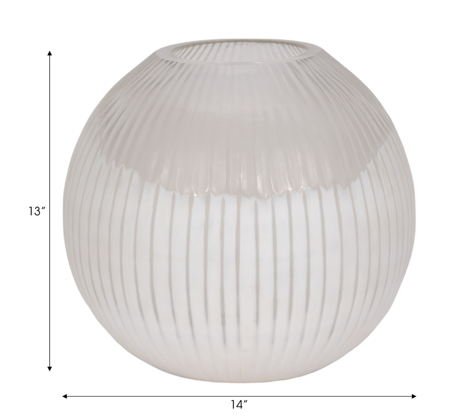 White ribbed spherical vase with measurements on a white background