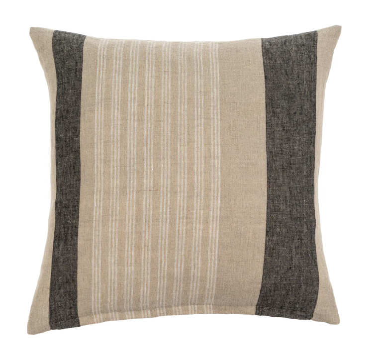 A Square shaped beige linen cushion with thick black stripes and thin white stripes. 