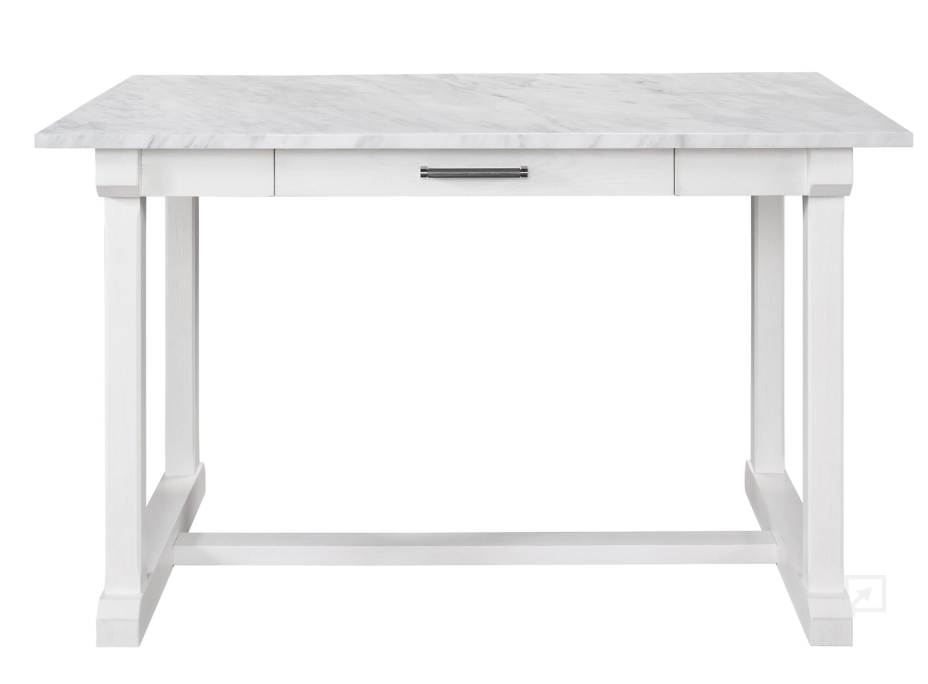 A white marble topped counter or bar table with a single drawer and a rectangular shape, possibly with a metal handle on the drawer.