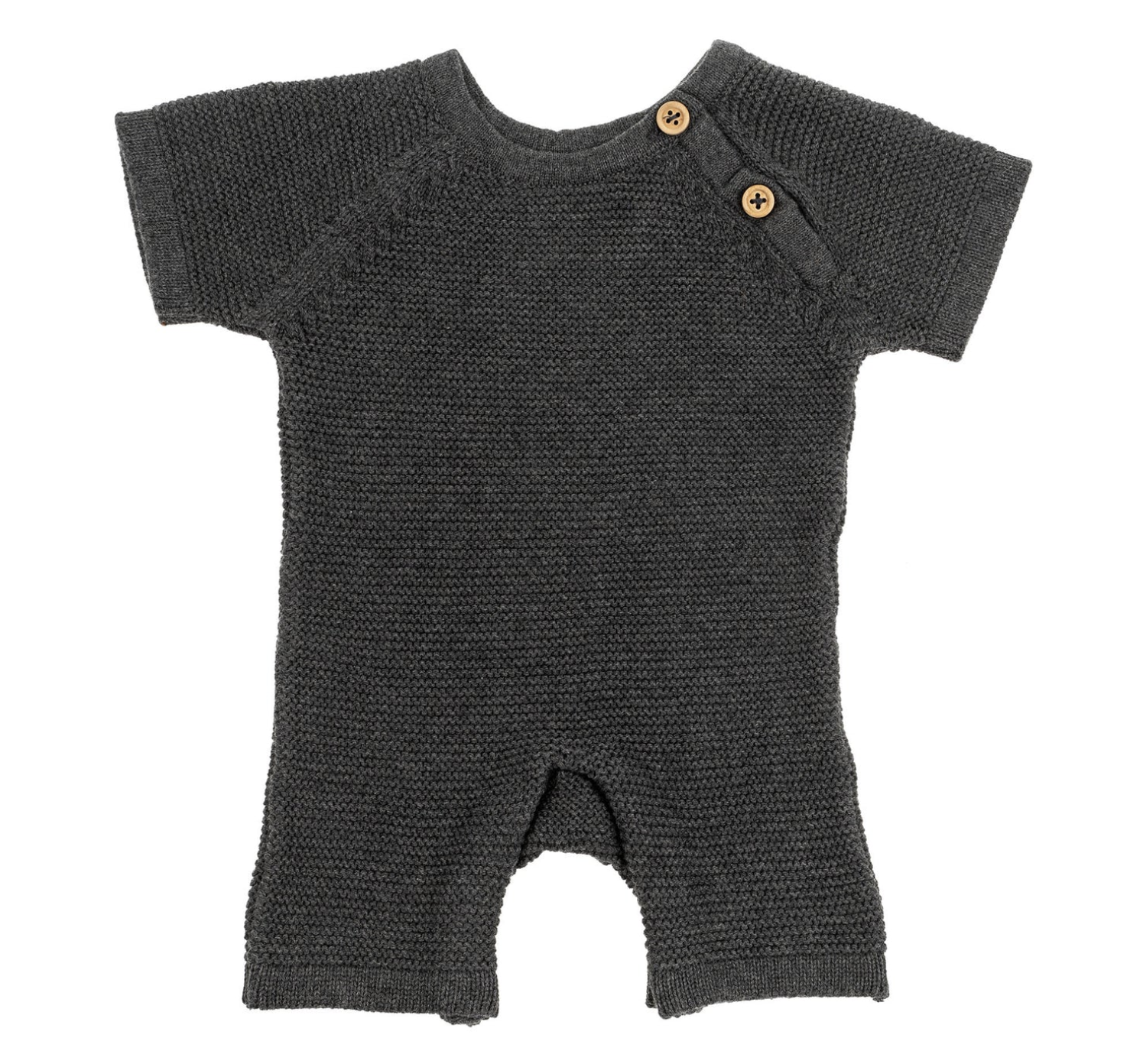 A gray cotton knit jumpsuit for a baby designed with short sleeves and wooden buttons.