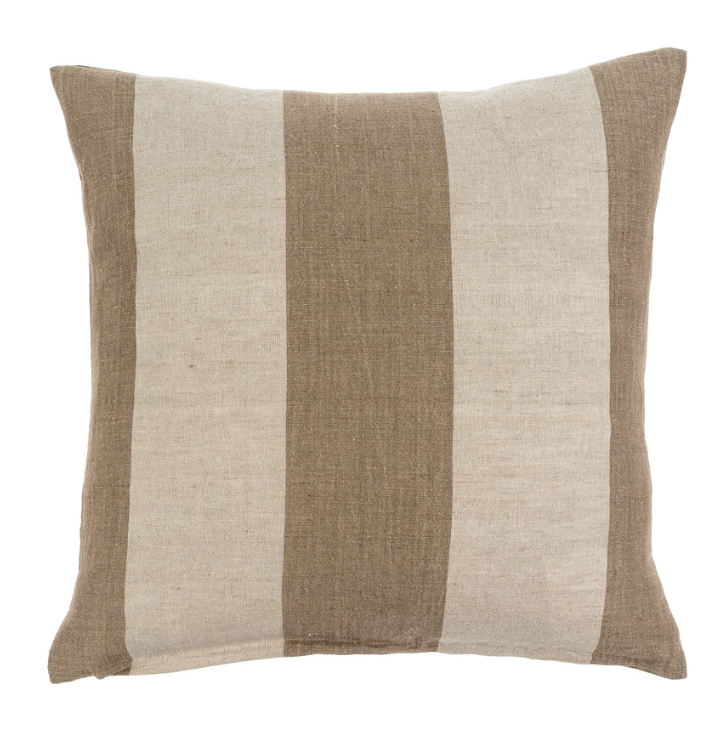 A square-shaped cushion with a beige and white striped pattern on a white background.