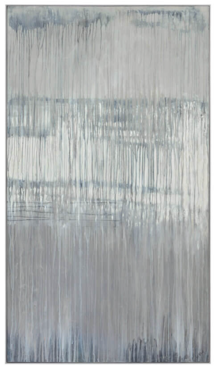 Abstract patterned rug with vertical stripes in gray and blue tones.