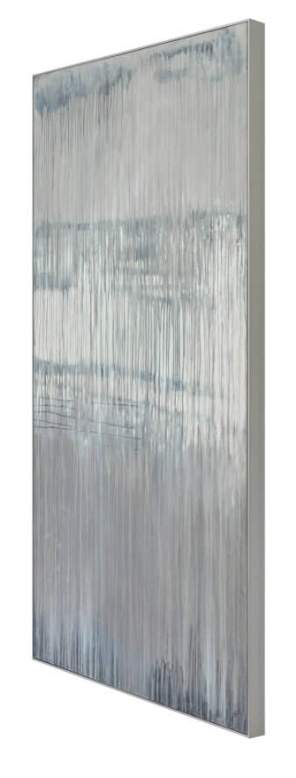 Abstract art piece with vertical brush strokes in blue and gray on a white background