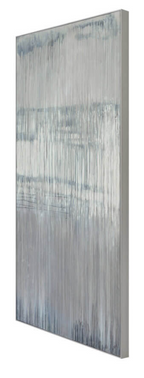 Abstract art piece with vertical brush strokes in blue and gray on a white background