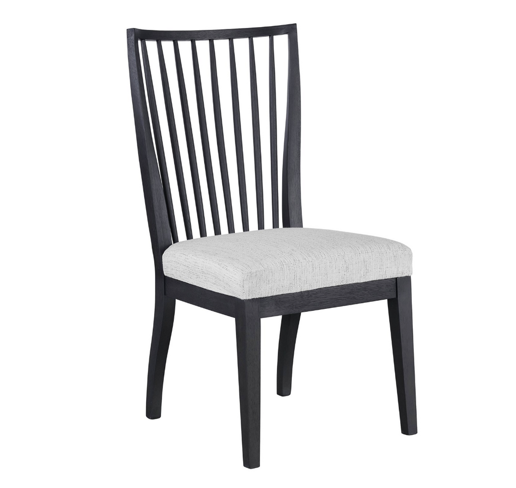 Black wooden chair with a light gray cushion on a white background