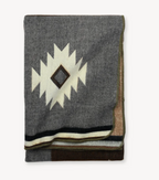 Gray blanket with a geometric pattern on a white background