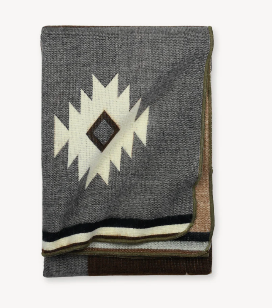 Gray blanket with a geometric pattern on a white background