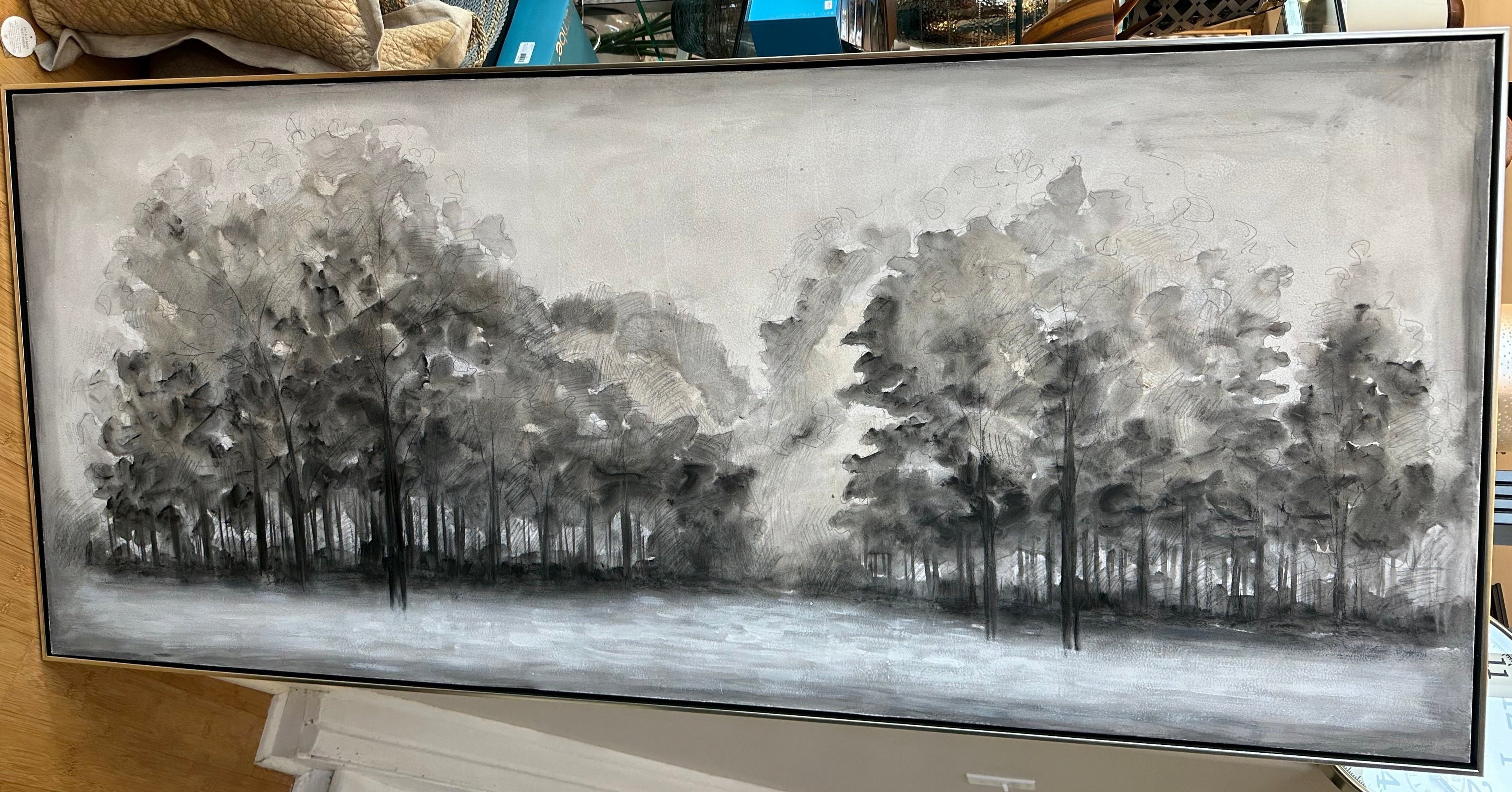 Hand-painted monochromatic forest scene framed in silver. 