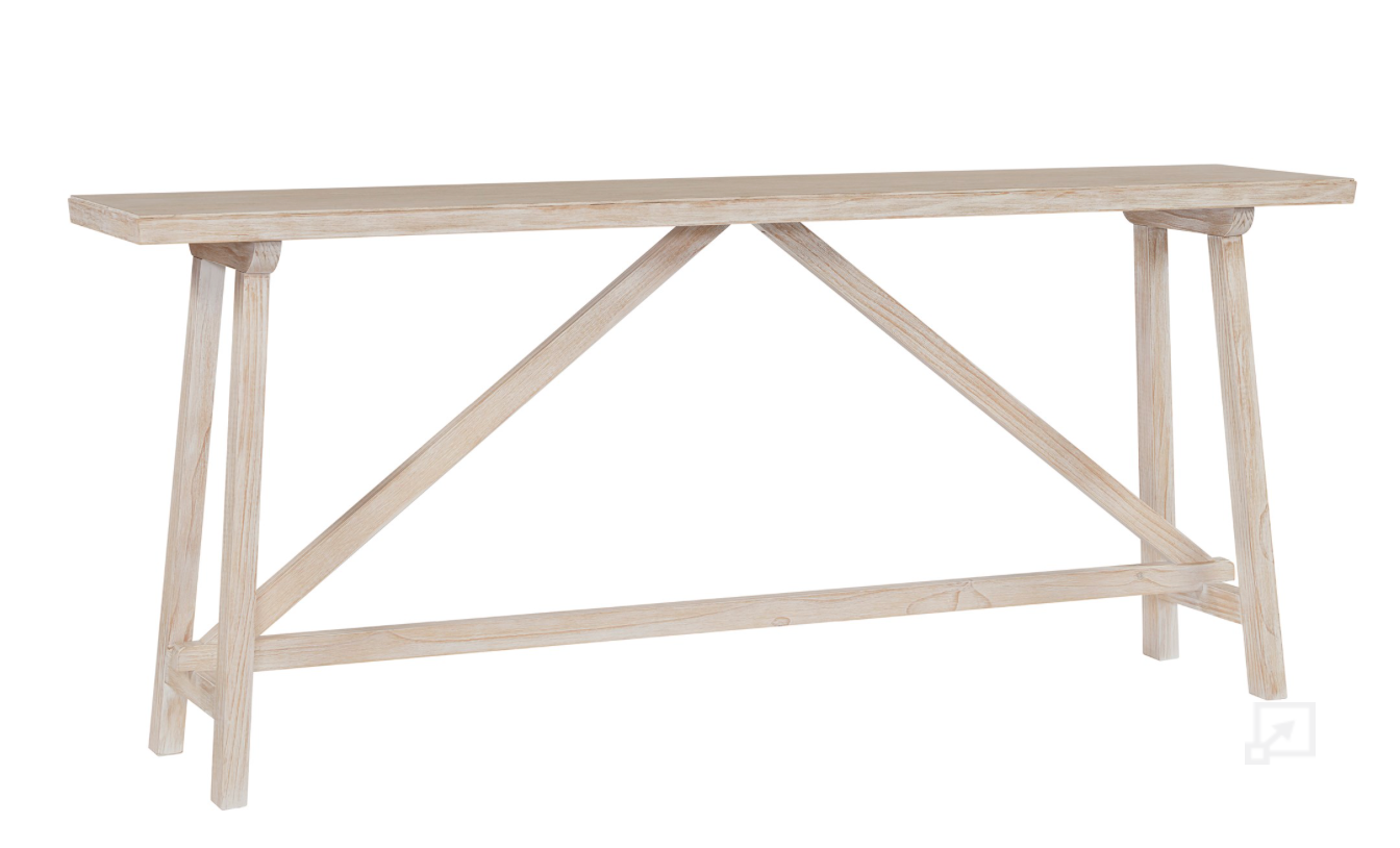 A natural wood console/sofa table with angled lines and simple symmetry, featuring a flat tabletop and sturdy legs.