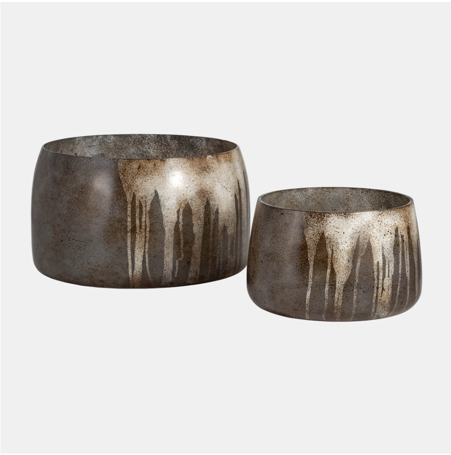 Two decorative bowls with a bronze color and a textured surface, one larger than the other.