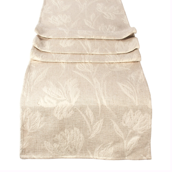 A beige floral table runner with a subtle pattern.