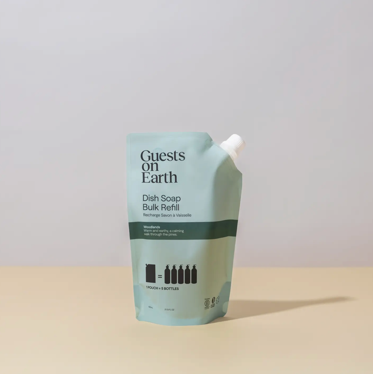 Dish soap bulk refill pouch with 'Guests on Earth' branding on a light background