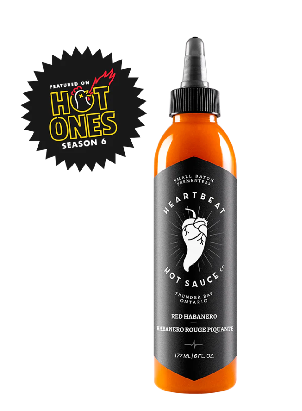 Heartbeat Hot Sauce bottle with 'Hot Ones' logo on a white background