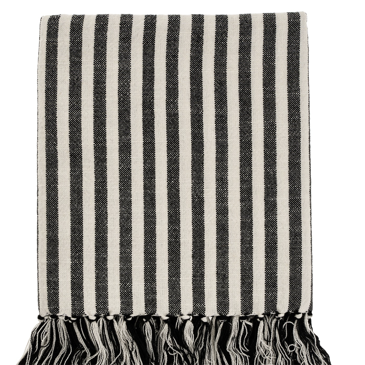 Black and white striped hammam towel with frayed edges on a white background