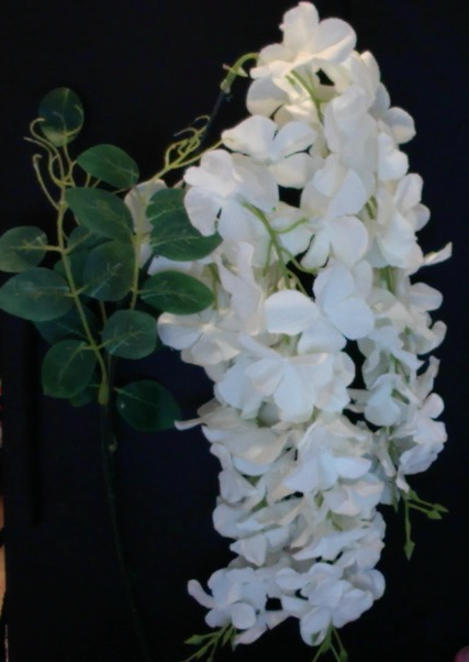 A hanging artificial wisteria plant with white flowers against a dark background.