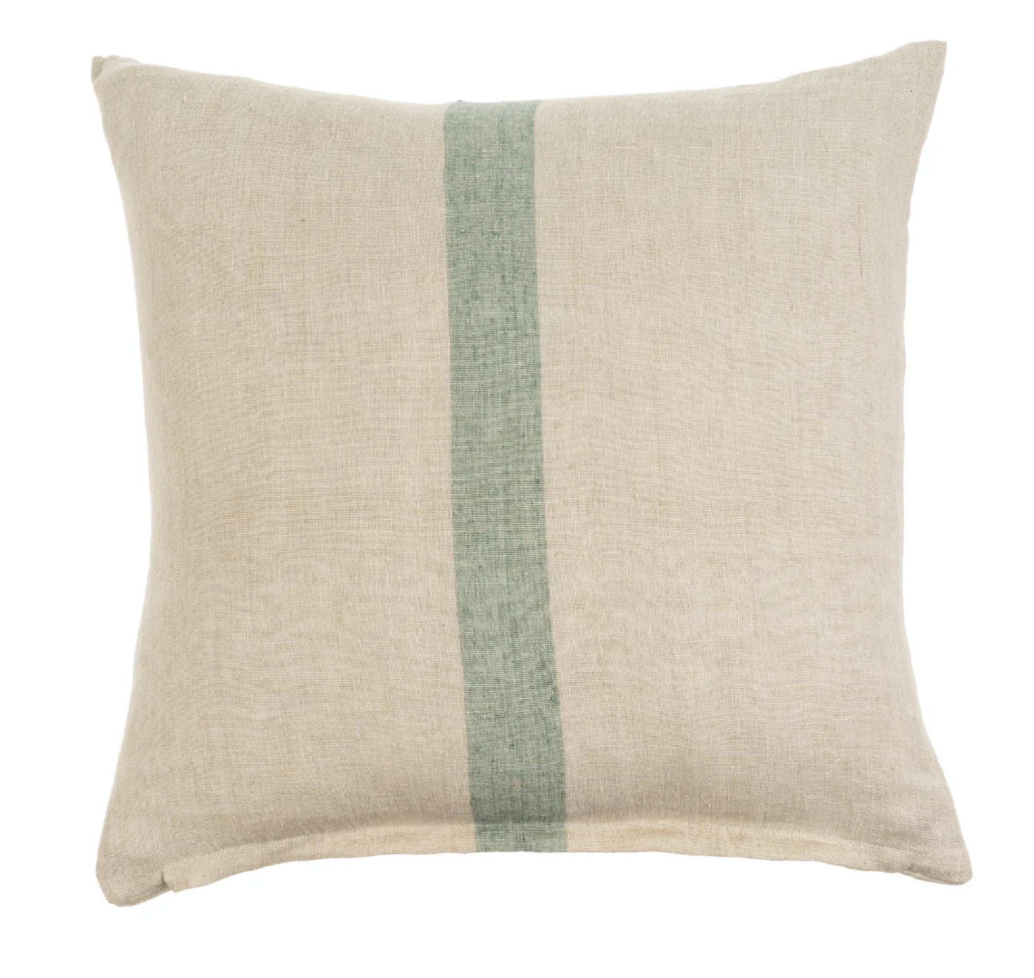 A beige linen pillow with a green vertical stripe in the center.