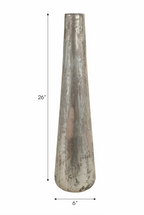 Tall, narrow mettalic vase with dimensions on a white background