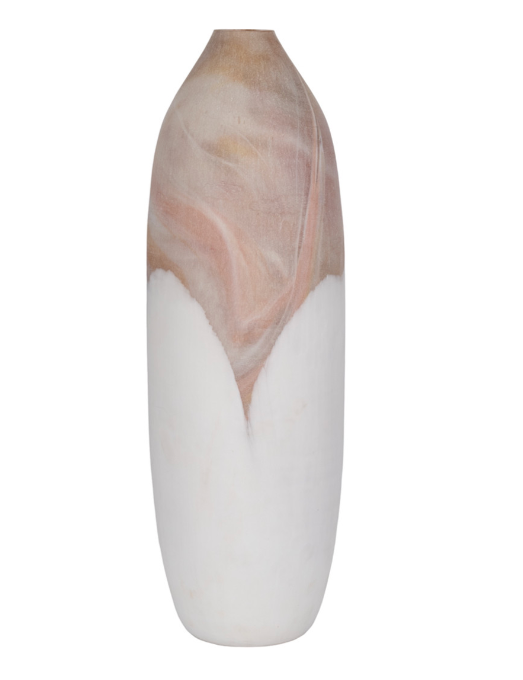 A large glass vase with a beige and pink marbled pattern on a white background.