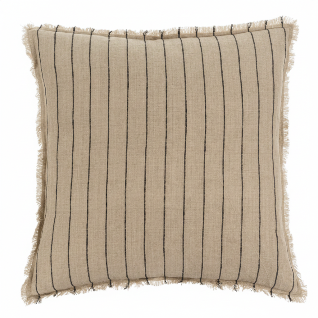 A square-shaped cushion with a solid beige color and a horizontal striped pattern on a white background, with a fringed edge.