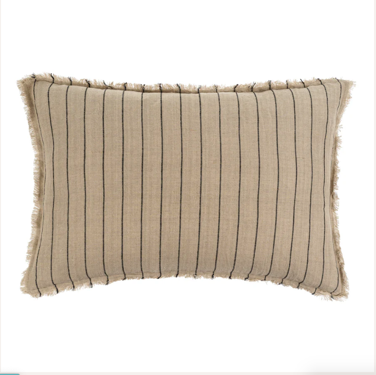 Rectangle beige linen pillow with thin black stripes. 