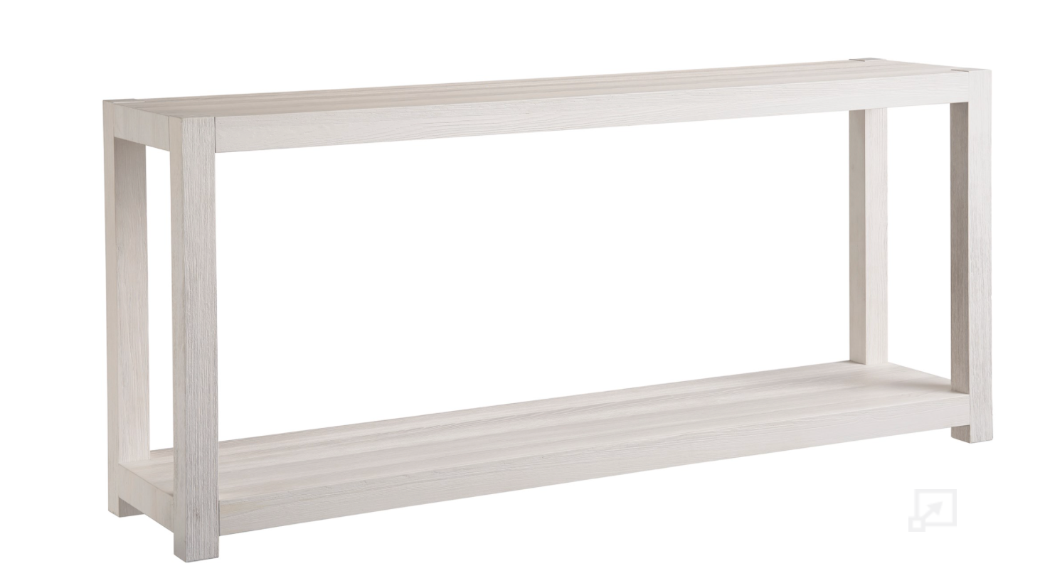 A white sand-finished console table with an extra-long silhouette and open-air design, featuring a grid of slender legs.