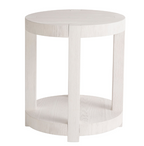 A round side table with white sand finish and subtle wooden detailing, shown in an upright position against a white background.