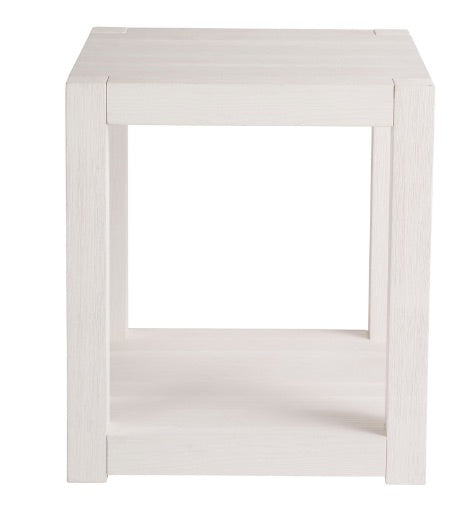 A white square side table with wooden detailing, possibly made of pine or similar softwood, with a matte or semi-matte finish.