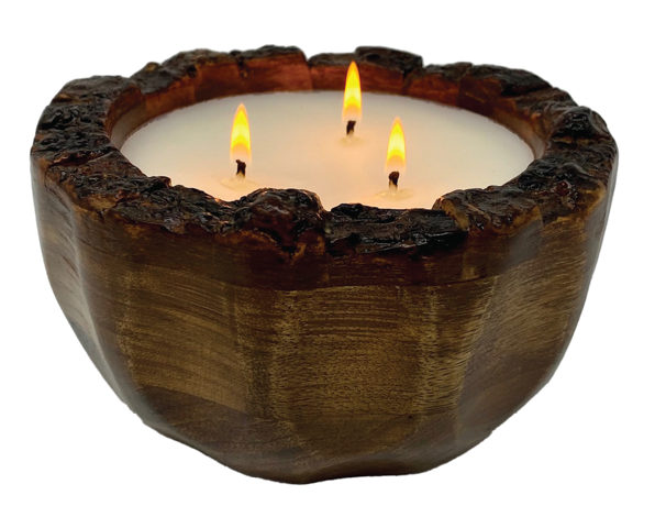 Reclaimed mango wood bowl candle with 3 wicks. 