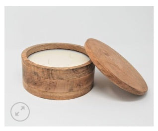 A himalayan trading candle with a tobacco bark lid and an open lid showing the candle inside, placed on a white background.