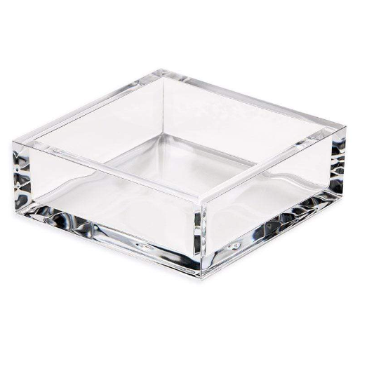 A clear acrylic square storage tray with a reflective surface.