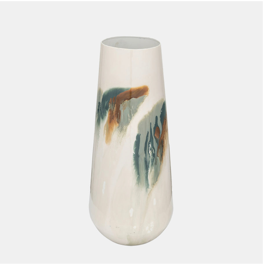 White vase stained with colour gradient of green blue and brown at the top. 
