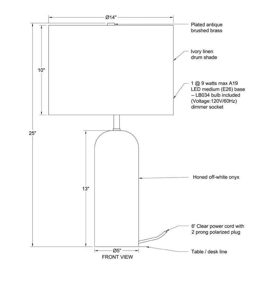 Technical drawings for the Ixia Onyx Lamp with measurements and material information. 