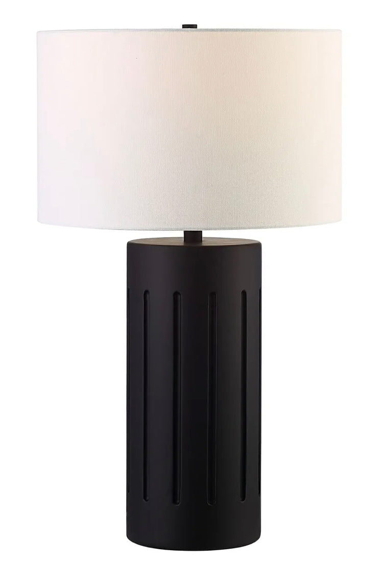 A modern table lamp with a black base and a white shade, with a minimalistic design.