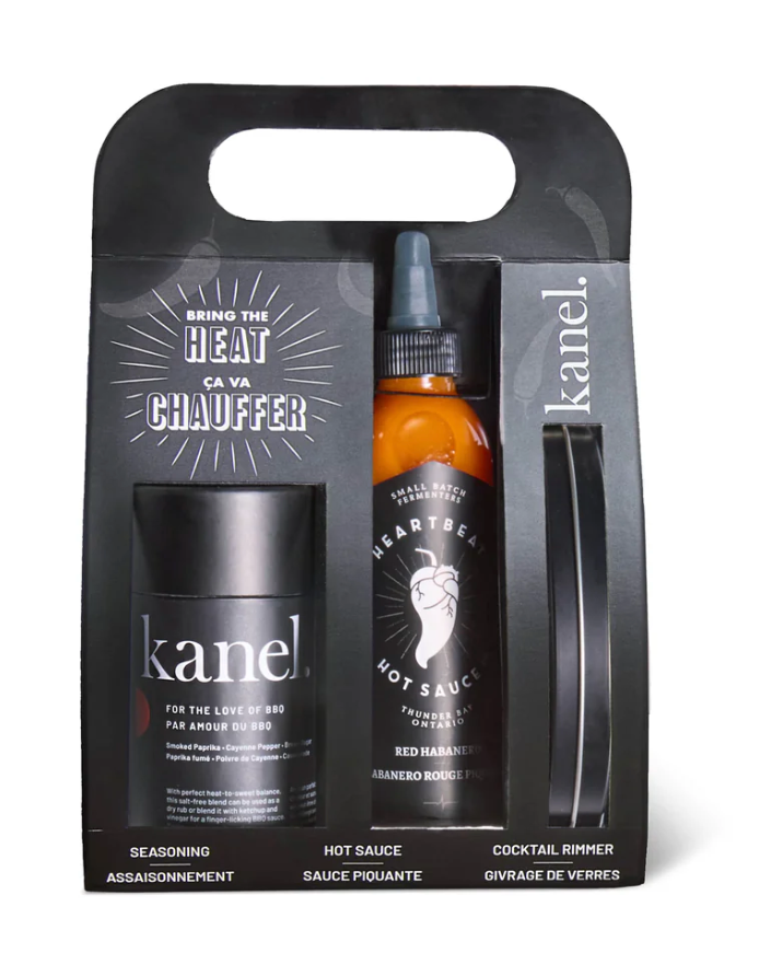 Kanel seasoning, hot sauce, and cocktail rimmer set in packaging