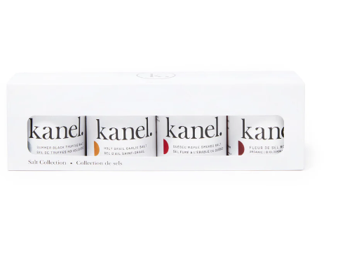 White gift box set with four varieties of Kanel salts. 