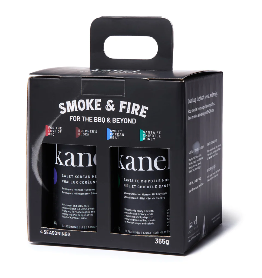 Kanel seasoning packaging with 'Smoke & Fire' branding on a white background