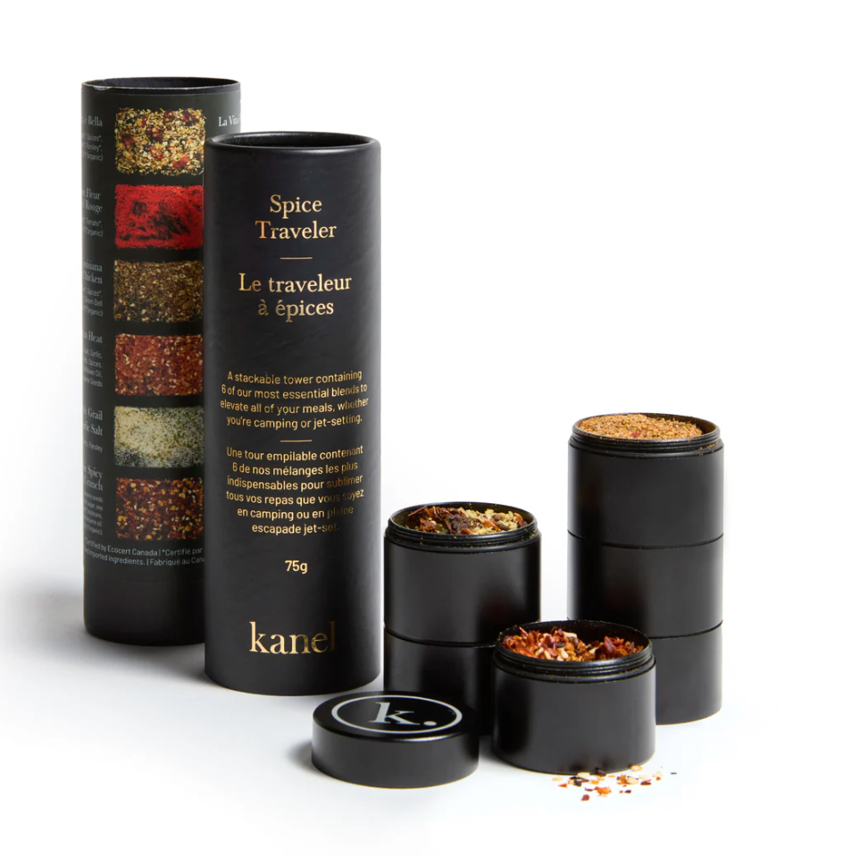 Black spice containers with 'kanel' branding on a white background
