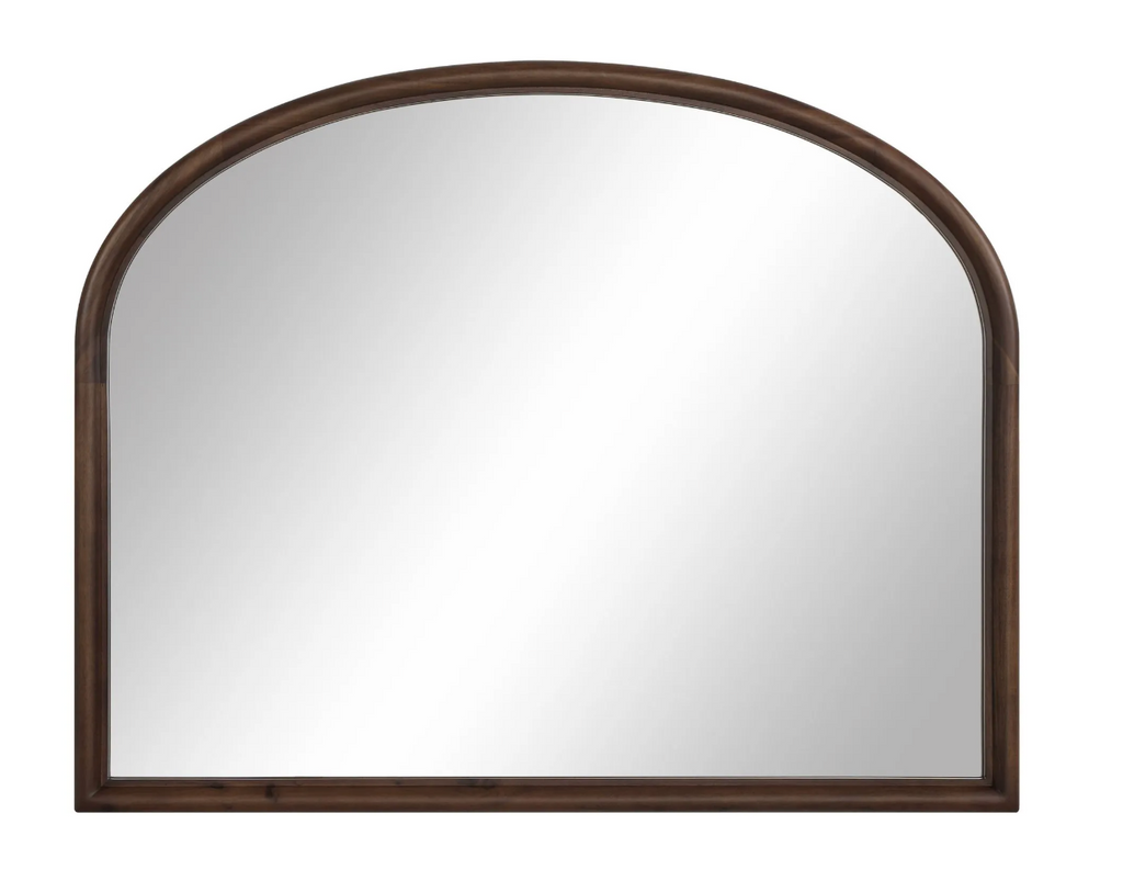 Arch-shaped mirror with a brown frame on a white background