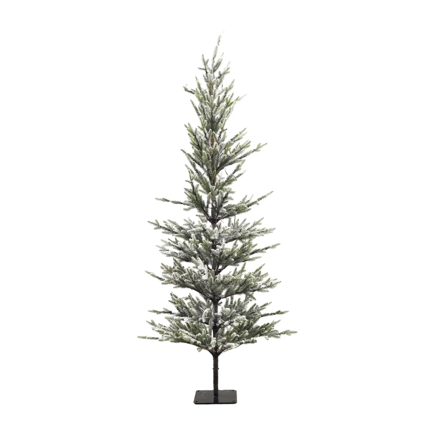 Frosted artificial LED Christmas tree on a white background