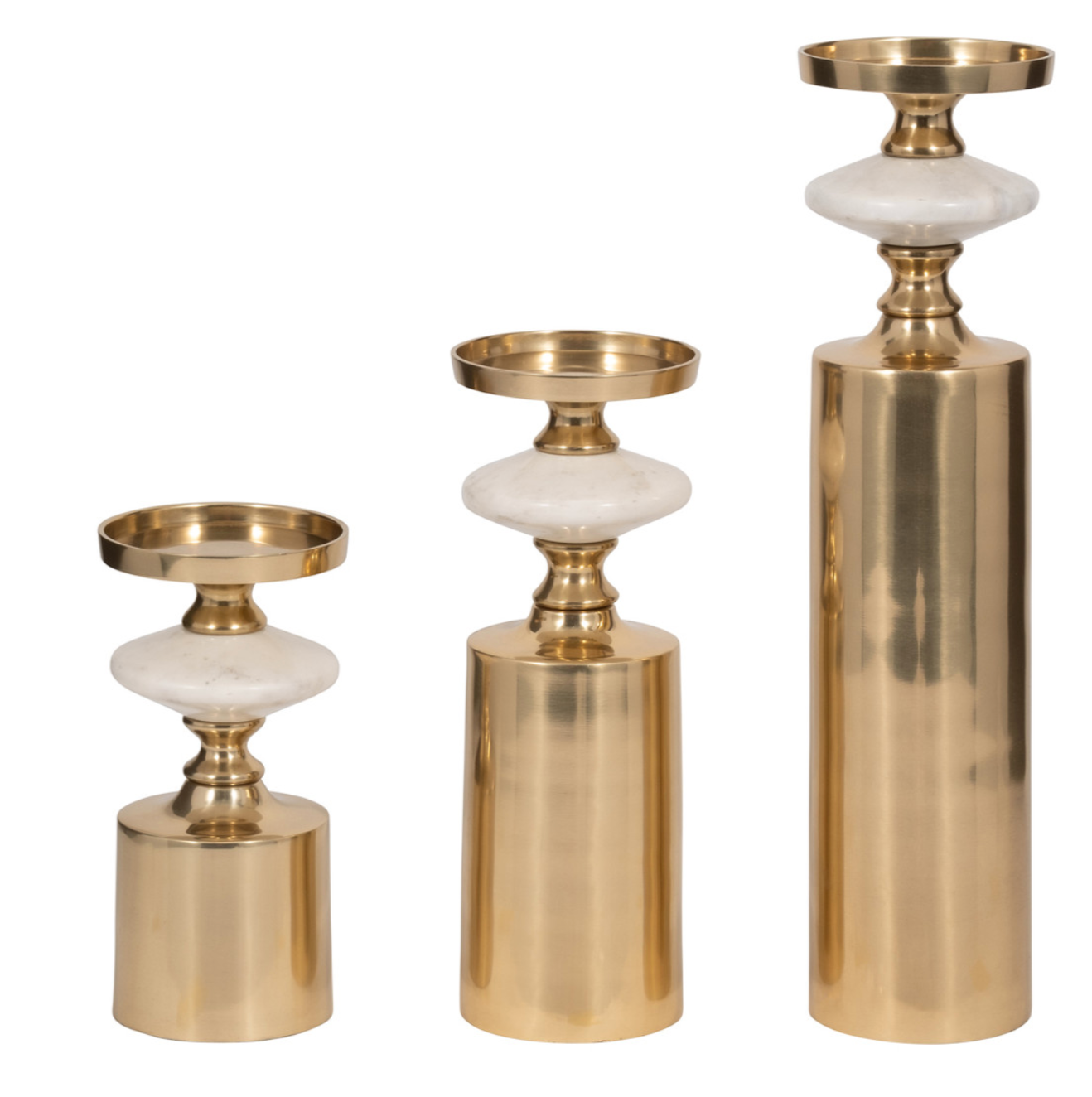 Three cylindrical gold-colored candle holders with white marble bases.