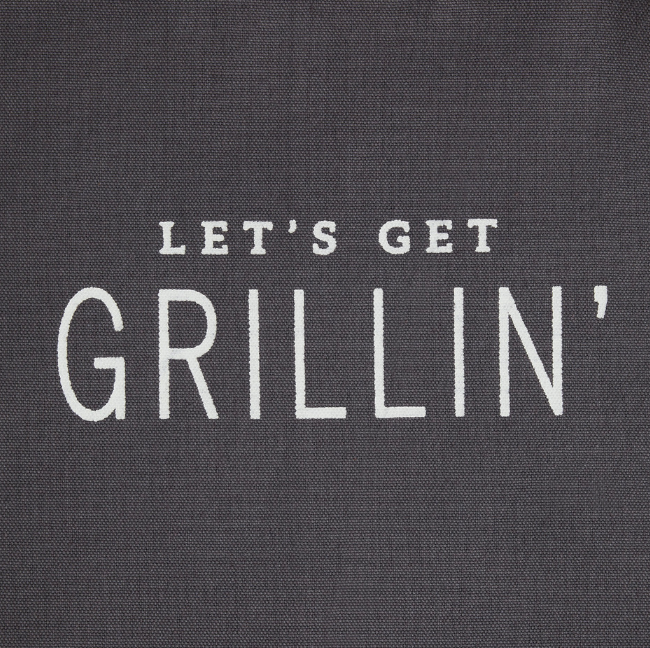 Close-up of the Let's Get Grillin' Apron showing the text "LET'S GET GRILLIN'" embroidered on grey material. 