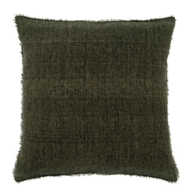 A solid green square cushion with a textured pattern.