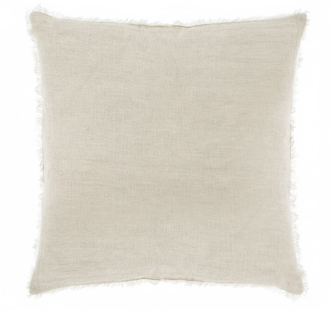 A square-shaped ivory linen cushion with a textured fabric. 