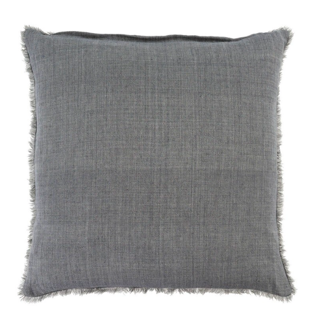 A square-shaped cushion with a steel grey color and a textured pattern, featuring a fringe edge.